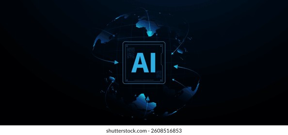 AI technology text over globe with digital data and connection arrows on dark background