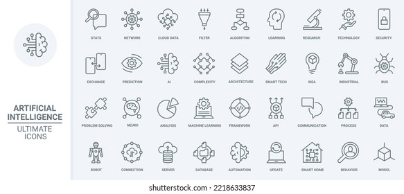 AI technology thin line icons set vector illustration. Abstract outline machine and artificial brain of robot learning, smart algorithms and automation, data cloud analytics and statistics analysis