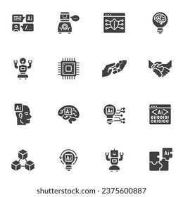 AI technology vector icons set, modern solid symbol collection, filled style pictogram pack. Signs, logo illustration. Set includes icons as artificial intelligence, computer microchip, chatbot robot