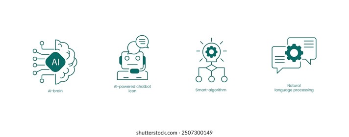 AI Technology Vector Icons Set: Brain, Powered Chatbot, Smart Algorithm, Natural Language Processing