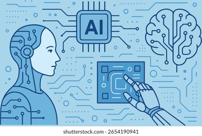 KI und Technologie, Vektorgrafik mit humanoidem, KI-Chip, digitalem Gehirn und Roboterhand auf blauem Schaltungsmusterhintergrund.
