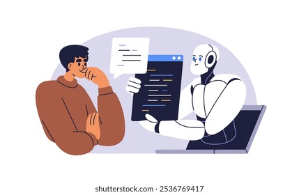 Tecnologia de IA, assistente virtual ajudando. Suporte automatizado e solução de problemas. conceito de comunicação digital online, robô e humano. Ilustração de vetor plano isolada no plano de fundo branco