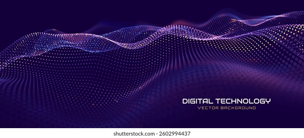 AI Technology Wave, Cyber Big Data Flow, Digital Neural Network with Glowing Dots and Bokeh Particles, Futuristic Deep Learning and Communication Science Concept. Vector Illustration for Tech Design.