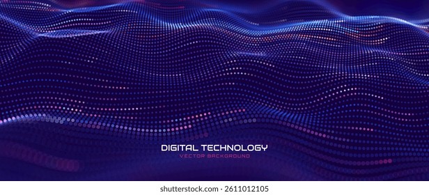 AI Technology Wave, Cyber Big Data Flow, Digital Neural Network with Glowing Dots and Bokeh Particles, Futuristic Deep Learning and Communication Science Concept. Vector Illustration for Tech Design.
