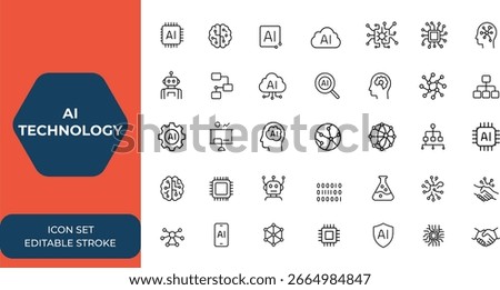 AI technology web icon set. Machine learning, cloud computing, artificial intelligence icons for mobile and web apps. Smart robotic, algorithm, digital AI vector solid icon collection and more.