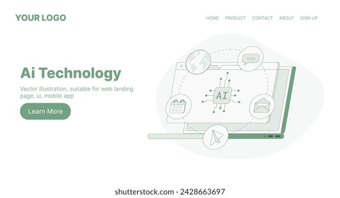 AI Technology. Web Landing Page Design. Flat Cartoon Vector Illustration. Vector illustration, suitable for web landing page, ui, mobile app.