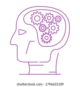 AI technology.Artificial Intelligence.Neural network concept.Robot head cybernetic with gears cogwheels.Flat illustration  .Contour symbol. Vector isolated outline . Isolated linear icon.