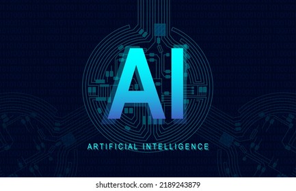 AI text with circuit lines on binary code background. Artificial intelligence abstract template. Concept of Technology, Engineering, Learning, Business and Science vector illustration.