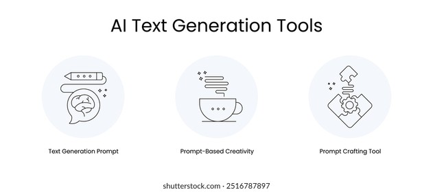 Ferramentas de Geração de Texto AI - Ícones que representam: Prompt de Geração de Texto, Criatividade Baseada em Prompt, Ferramenta de Criação de Prompt. Esses ícones são projetados para representar visualmente as ferramentas de geração de texto do ai.