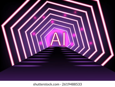 AI text in hexagon tunnel light on purple background.