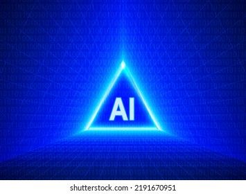 AI text on binary code and triangle matrix neon lines background. Artificial intelligence abstract template. Concept of Technology, Engineering, Learning, Business and Science vector illustration.