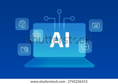 AI Text on laptop screen with Agentic AI data analysis icons floating over notebook monitor for cognitive technology, marketing research automation business driven. Artificial intelligence innovation.