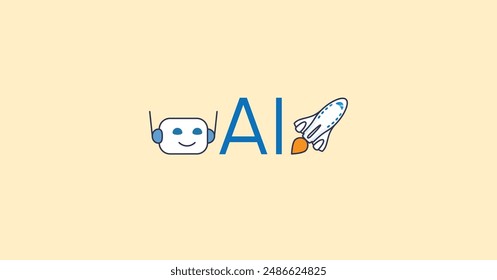 Texto AI con un emoji robot y un emoji cohete sobre un fondo beige. Concepto Emoji.