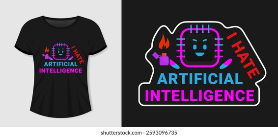 AI themed clothing print design with t-shirt mockup and text inscription I hate artificial intelligence