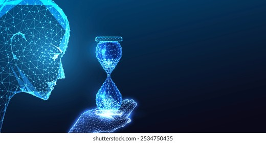 AI para el concepto de eficiencia de tiempo con cabeza robótica que sostiene el reloj de arena sobre fondo azul oscuro. Soluciones de automatización, productividad y gestión del tiempo. Ilustración vectorial abstracta poligonal brillante.