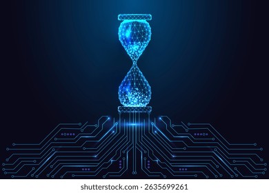 Otimização de tempo de IA e conceito de transformação digital com ampulheta poligonal brilhante conectada à placa de circuito em fundo azul escuro. Estilo de poli baixo futurista, ilustração vetorial abstrata.