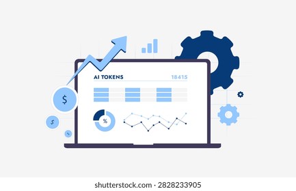 AI token usage tracks model consumption, spending and performance metrics. Token usage analytics improves cost control, efficiency and resource planning vector illustration.