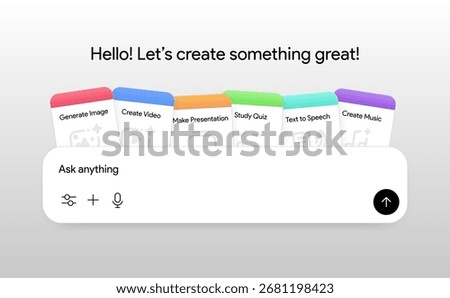 AI tool cards. Artificial intelligence templates: Generate image, create video, presentation, quiz, speech, music. LLM assistant. App Chat gpt style ui interface mockup. Vector illustration. 