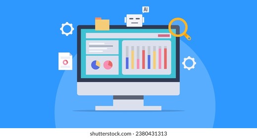 AI tool for SEO, Social media, digital marketing data analysis, AI analytics for business, finance and marketing - vector illustration with icons