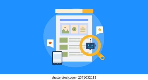 Ai tool suggesting content topic, AI driven content writing, SEO marketing AI software - vector illustration with icons