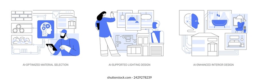 AI tools in Architecture and Design abstract concept vector illustration set. AI-Optimized Material Selection, AI-Supported Lighting and Interior Design, energy efficiency abstract metaphor.