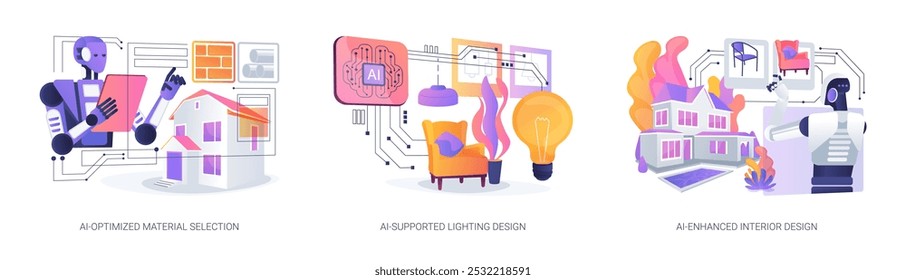 Herramientas de IA en el conjunto de Ilustración vectorial de conceptos abstractos de arquitectura y diseño. Selección de materiales optimizada por IA, iluminación y diseño de interiores compatibles con IA, metáfora abstracta de eficiencia energética.