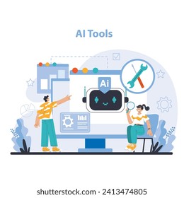 Concepto de herramientas de IA. Colaboración e innovación en el espacio digital impulsado por IA. Simplifica tareas complejas con soluciones inteligentes. Ilustración vectorial plana.