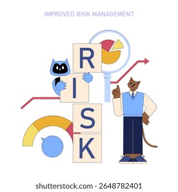 AI tools enhance risk management for mid-sized businesses. The illustration features characters and graphics, symbolizing strategic decision-making and effective risk assessment for top managers.