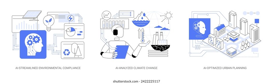 Instrumentos de IA para la gestión ambiental conjunto de ilustraciones vectoriales abstractas de concepto. Cumplimiento de Normas Ambientales Simplificadas por AI, Cambio Climático Analizado por AI, Metáfora abstracta de Planificación Urbana Optimizada por AI.