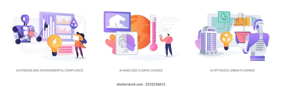 Ferramentas de IA para o conceito abstrato de gestão ambiental vetor ilustração conjunto. Conformidade ambiental otimizada com IA, AI-Analisou as mudanças climáticas, AI-Otimized Urban Planning abstract metaphor.