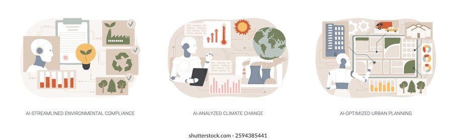 AI tools for Environmental Management abstract concept vector illustration set. AI-Streamlined Environmental Compliance, AI-Analyzed Climate Change, AI-Optimized Urban Planning abstract metaphor.