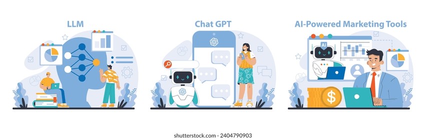 Interfaz de herramientas de IA. Plataformas interactivas para modelos de idiomas grandes, chatbots y análisis de marketing. Simplifica la comunicación y la interpretación de datos. Ilustración vectorial plana.