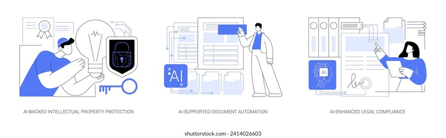 AI tools in Legal Services abstract concept vector illustration set. AI-Backed Intellectual Property Protection, AI-Supported Document Automation, AI-Enhanced Legal Compliance abstract metaphor.