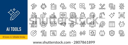 AI Tools line icons in editable stroke style. Artificial intelligence, automation, AI assistant, machine learning, chatbot, AI agent, productivity collection. Editable stroke. Vector