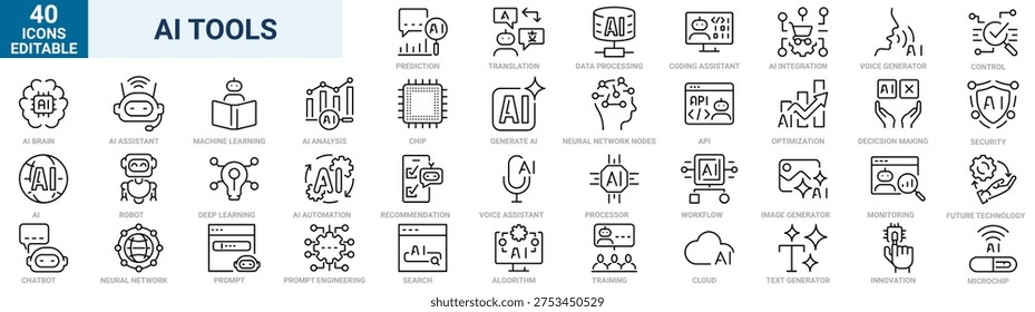 AI tools line icons set. Artificial intelligence, machine learning, neural network, chatbot, automation, data processing, prompt engineering, smart assistant and digital technology symbols. Modern outline icons with editable stroke. Vector illustration