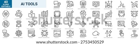 AI tools line icons set. Artificial intelligence, machine learning, neural network, chatbot, automation, data processing, prompt engineering, smart assistant and digital technology symbols. Modern outline icons with editable stroke. Vector illustration