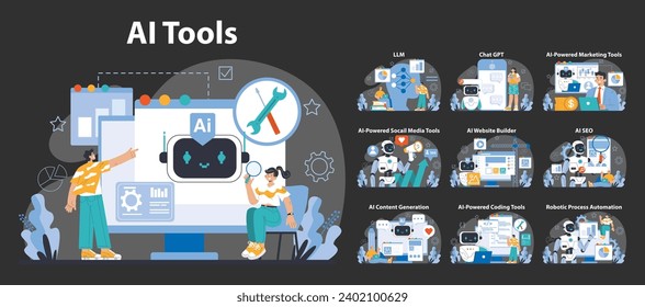 Juego de noche o modo oscuro de AI Tools. Un conjunto completo de aplicaciones impulsadas por IA. Mejora la productividad en tareas digitales. Automatiza los medios sociales, SEO y codificación. Ilustración vectorial plana.