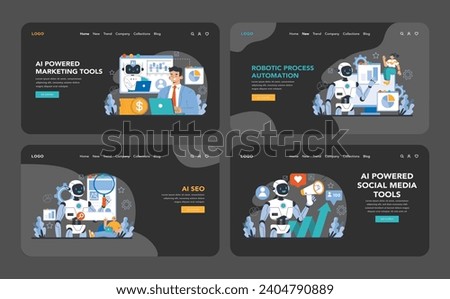 AI Tools night or dark mode web or landing page set. Integrates diverse AI technologies for marketing, social media, SEO, and process automation. Centralizes digital innovation. Vector illustration.