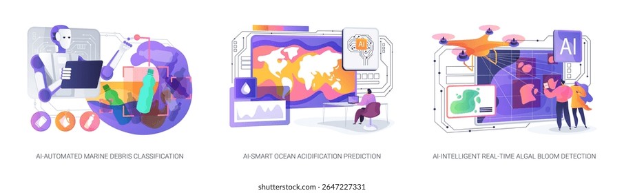 AI Tools for Ocean Health abstract concept vector illustration set. AI classifies marine debris, predicts acidification, and detects algal blooms to protect oceans. abstract metaphor.