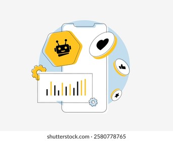 AI tools optimize social media analytics, monitoring engagement and trends. Artificial intelligence automates management, predicts algorithms and drives business growth. Flat vector illustration