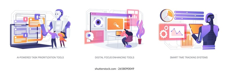 AI Tools for Productivity abstraktes Konzept, Vektorgrafik-Set. Intelligente Systeme organisieren Aufgaben, minimieren Ablenkungen und optimieren das Zeitmanagement für eine verbesserte abstrakte Produktivitätsmetapher.