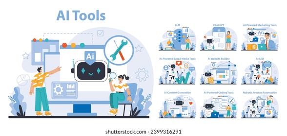 AI Tools set. A comprehensive suite of AI-driven applications. Enhances productivity in digital tasks. Automates social media, SEO, and coding. Flat vector illustration.