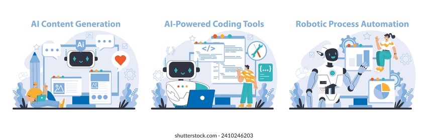 AI Tools set. Empowers content creation, facilitates coding tasks, and automates business processes. Tailored for efficiency and user engagement. Flat vector illustration.