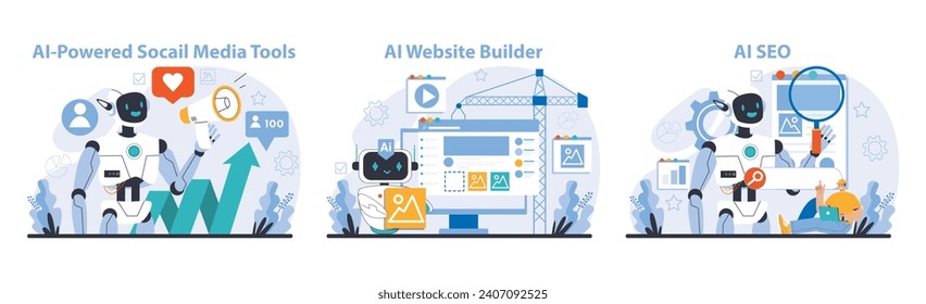 AI Tools set. Optimizes social media engagement, streamlines website creation, and enhances SEO strategies. Essential digital solutions depicted. Flat vector illustration.