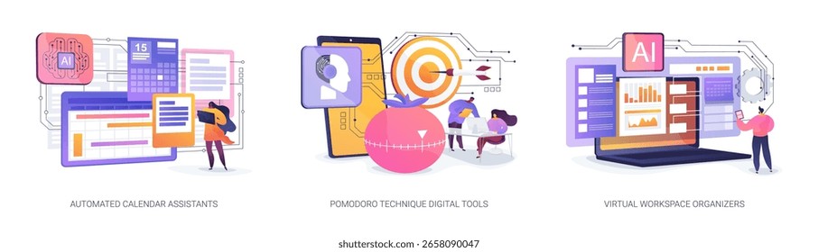 AI Tools for Smarter Scheduling abstract concept vector illustration set. AI assistants automate scheduling, time management, and resource organization to streamline workflows abstract metaphor.