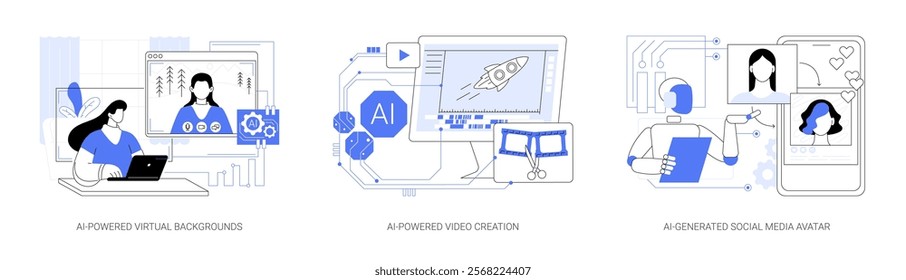 AI tools for social media abstract concept vector illustration set. AI-Powered Virtual Backgrounds for calls, AI generating video content, Social Media Avatars, digital identity abstract metaphor.