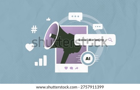 AI tools for social media management, hashtag engagement analytics. SMM social marketing, hyper-personalized content strategy with interaction dashboard, modern organic business vector illustration