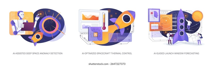 AI Tools for Space Missions abstract concept vector illustration set. AI aids anomaly detection, thermal control, and launch timing for smarter space exploration missions. abstract metaphor.