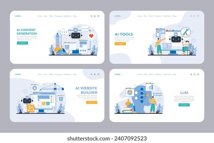 AI Tools web or landing page set. Showcases a range of AI applications for content, web development, and data analysis. Essential for modern digital solutions. Flat vector illustration.