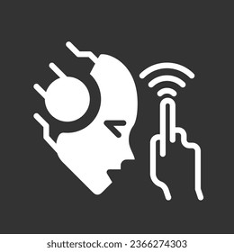 AI touches white linear glyph icon for night mode. Sensor usage. Innovative technology. Negative space silhouette symbol on dark theme background. Solid pictogram. Vector isolated illustration